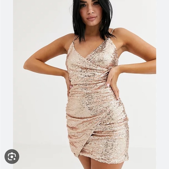 Club L London Rose Gold Sequin Asymmetrical Mini Dress - Size 6 - Picture 6 of 7
